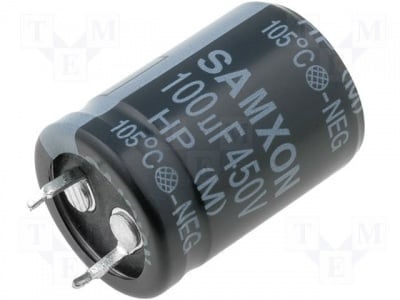 Кондензатор 100uf 450V HP100/450 Кондензатор:електролитен; THT; 100uF; 450V; O22x30mm; ±20%; 2000h